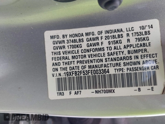 2015 Honda Civic LX with VIN 19XFB2F53FE003364, listed as a IAAI auction lot 42185226 with 150,001 mi miles and . Bid and sale history available at DreamBid. Image 9.