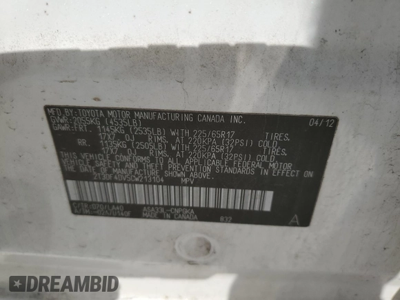 2012 Toyota RAV4 Limited with VIN 2T3DF4DV5CW213104, listed as a Copart auction lot 57221925 with 176,312 mi miles and Salvage title. Bid and sale history available at DreamBid. Image 13.