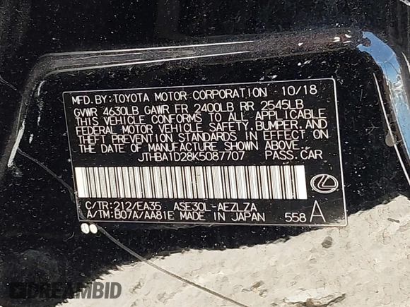 2019 Lexus IS 300 с VIN JTHBA1D28K5087707, выставлен на аукционе IAAI как лот 42120295 с пробегом Не указан миль и . История ставок и продаж доступна на DreamBid. Изображение 9.