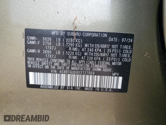 2025 Subaru Outback Wilderness с VIN 4S4BTGUD9S3127669, выставлен на аукционе Copart как лот 52080325 с пробегом 14 184 миль миль и Списание • Salvage title. История ставок и продаж доступна на DreamBid. Изображение 13.