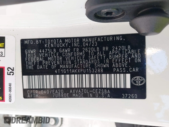 2023 Toyota Camry SE z VIN 4T1G11AKXPU153288, wystawiony jako IAAI lot #41816589 z przebiegiem 33 708 mil mil oraz . Historia ofert i sprzedaży dostępna na DreamBid. Obrazek 9.