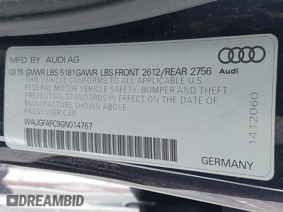 2016 Audi A6 Premium Plus with VIN WAUGFAFC9GN014767, listed as a IAAI auction lot 41508275 with 113,167 mi miles and . Bid and sale history available at DreamBid. Image 9.