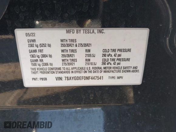 2022 Tesla Model Y Performance with VIN 7SAYGDEF0NF447541, listed as a IAAI auction lot 41762592 with 41,204 mi miles and . Bid and sale history available at DreamBid. Image 9.