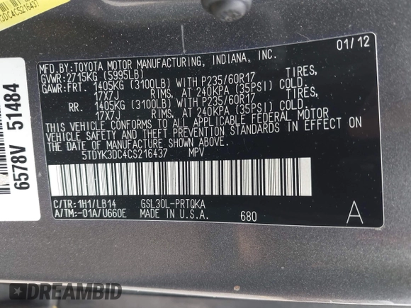 2012 Toyota Sienna XLE AAS with VIN 5TDYK3DC4CS216437, listed as a IAAI auction lot 42550624 with 253,123 mi miles and . Bid and sale history available at DreamBid. Image 9.