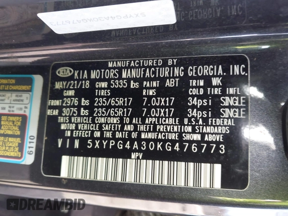 2019 Kia Sorento L with VIN 5XYPG4A30KG476773, listed as a IAAI auction lot 41345456 with 160,706 mi miles. Bid and sale history available at carsss.com. Image 9.