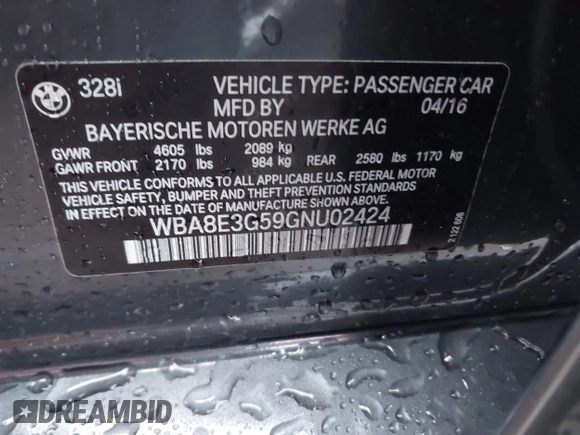 2016 BMW 3 Series 328i xDrive with VIN WBA8E3G59GNU02424, listed as a IAAI auction lot 41082258 with 55,801 mi miles. Bid and sale history available at carsss.com. Image 9.