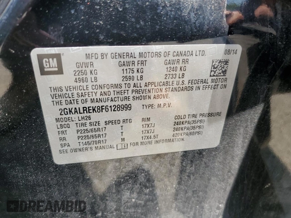 2015 GMC Terrain SLE with VIN 2GKALREK8F6128999, listed as a Copart auction lot 58937025 with 57,280 mi miles and Salvage title. Bid and sale history available at DreamBid. Image 13.