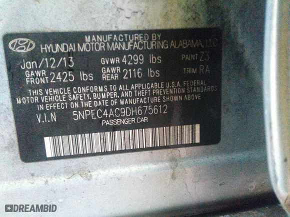 2013 Hyundai Sonata SE with VIN 5NPEC4AC9DH675612, listed as a IAAI auction lot 41257791 with 189,700 mi miles. Bid and sale history available at carsss.com. Image 9.