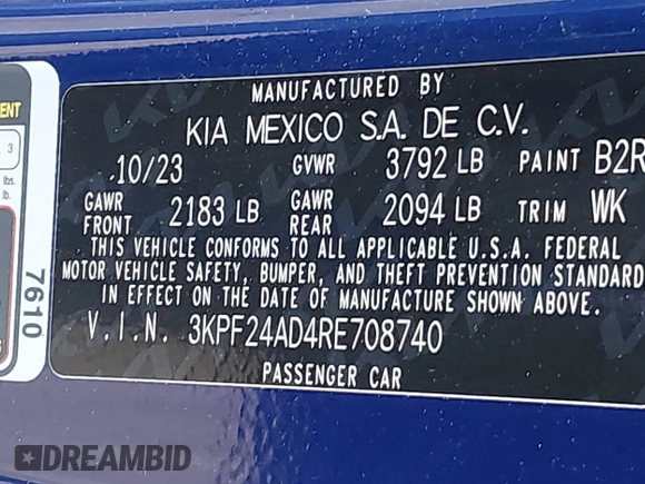 2024 Kia Forte LXS with VIN 3KPF24AD4RE708740, listed as a IAAI auction lot 42153113 with 35,054 mi miles and . Bid and sale history available at DreamBid. Image 9.