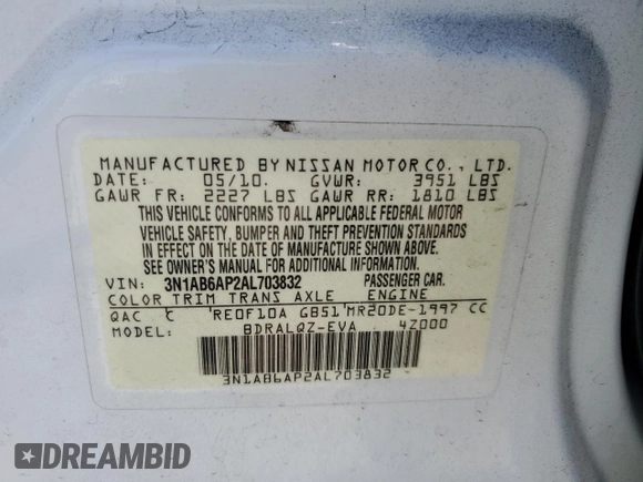 2010 Nissan Sentra SR z VIN 3N1AB6AP2AL703832, wystawiony jako Copart lot #62556985 z przebiegiem 219 550 mil mil oraz Szkoda całkowita • Salvage title. Historia ofert i sprzedaży dostępna na DreamBid. Obrazek 12.