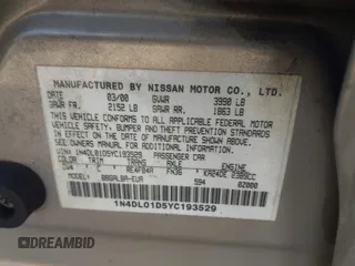 2000 Nissan Altima XE with VIN 1N4DL01D5YC193529, listed as a IAAI auction lot 41834611 with 206,816 mi miles. Bid and sale history available at carsss.com. Image 9.
