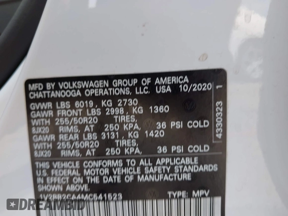 2021 Volkswagen Atlas SEL with VIN 1V2BR2CA4MC541523, listed as a IAAI auction lot 42326498 with 84,090 mi miles and . Bid and sale history available at DreamBid. Image 9.