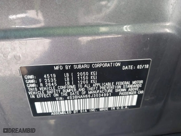 2018 Subaru Legacy Limited with VIN 4S3BNAN66J3034991, listed as a IAAI auction lot 40834955 with 74905 miles. Bid and sale history available at carsss.com. Image 9.