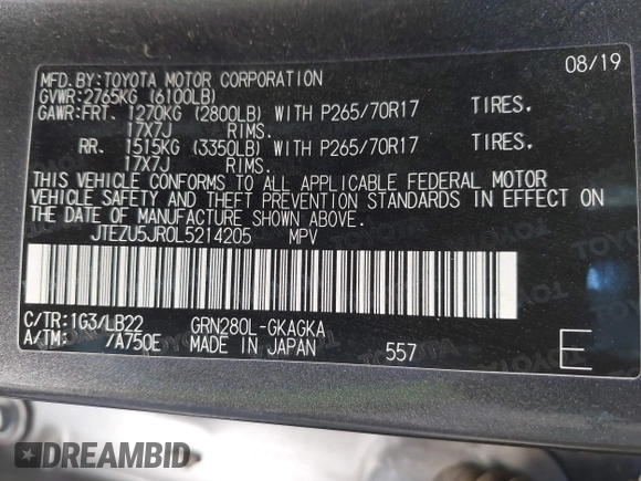 2020 Toyota 4Runner SR5 with VIN JTEZU5JR0L5214205, listed as a IAAI auction lot 42056527 with 159,814 mi miles and . Bid and sale history available at DreamBid. Image 9.