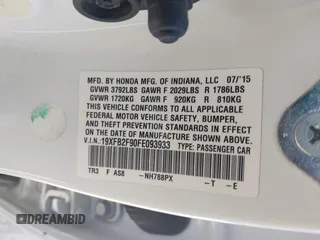 2015 Honda Civic Sedan EX-L with VIN 19XFB2F90FE093933, listed as a IAAI auction lot 41783789 with 172,299 mi miles. Bid and sale history available at carsss.com. Image 9.