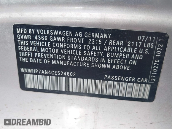 2012 Volkswagen CC Lux Plus z VIN WVWHP7AN4CE524602, wystawiony jako IAAI lot #41626887 z przebiegiem 105 087 mil mil oraz . Historia ofert i sprzedaży dostępna na DreamBid. Obrazek 9.