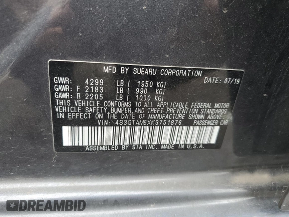 2019 Subaru Impreza Special Sports with VIN 4S3GTAM6XK3751876, listed as a Copart auction lot 58803805 with 22,818 mi miles and Salvage title. Bid and sale history available at DreamBid. Image 12.