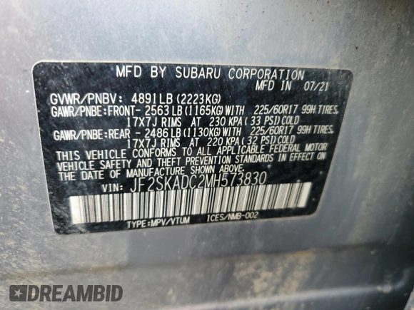 2021 Subaru Forester with VIN JF2SKADC2MH573830, listed as a Copart auction lot 52851585 with 55,041 mi miles and Salvage Title. Bid and sale history available at carsss.com. Image 14.