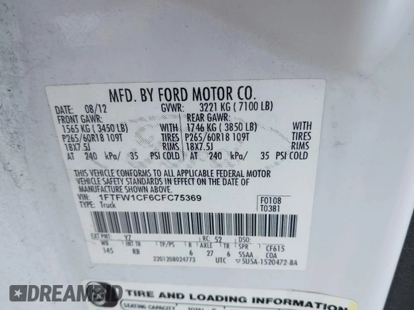 2012 Ford F-150 XL with VIN 1FTFW1CF6CFC75369, listed as a IAAI auction lot 41853650 with 238,456 mi miles. Bid and sale history available at carsss.com. Image 9.