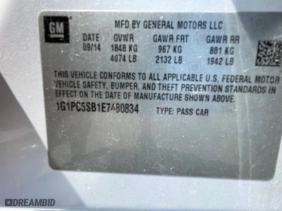 2014 Chevrolet Cruze 1LT with VIN 1G1PC5SB1E7480834, listed as a Copart auction lot 87767315 with 138,549 mi miles and Clean Title. Bid and sale history available at carsss.com. Image 10.