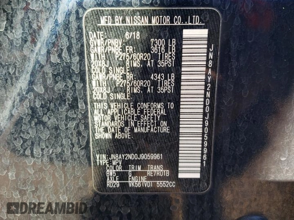2018 Nissan Armada SV with VIN JN8AY2ND0J9059961, listed as a Copart auction lot 46755125 with 126,792 mi miles and Salvage Title. Bid and sale history available at carsss.com. Image 13.