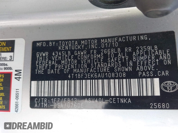2010 Toyota Camry with VIN 4T1BF3EK6AU108308, listed as a IAAI auction lot 42114813 with 161,837 mi miles and . Bid and sale history available at DreamBid. Image 9.