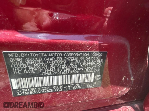 2006 Lexus IS 350 z VIN JTHBE262165001506, wystawiony jako Copart lot #58249055 z przebiegiem 213 188 mil mil oraz Czysty tytuł • Clean title. Historia ofert i sprzedaży dostępna na DreamBid. Obrazek 10.