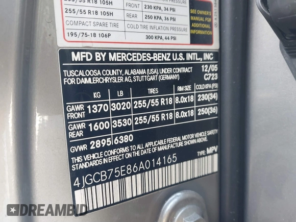 2006 Mercedes-Benz R 5.0L with VIN 4JGCB75E86A014165, listed as a IAAI auction lot 41620616 with 158,014 mi miles and . Bid and sale history available at DreamBid. Image 9.