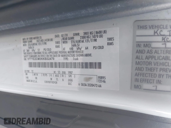 2019 Ford Transit with VIN 1FTYE2CM3KKB32479, listed as a IAAI auction lot 39073951 with Not Provided miles. Bid and sale history available at carsss.com. Image 9.