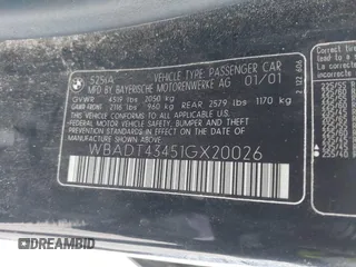2001 BMW 5 Series 525iA with VIN WBADT43451GX20026, listed as a IAAI auction lot 41490075 with 141,700 mi miles. Bid and sale history available at carsss.com. Image 9.