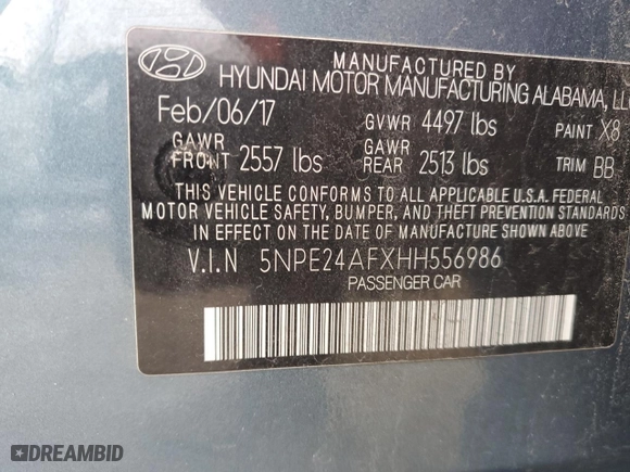2017 Hyundai Sonata 2.4L with VIN 5NPE24AFXHH556986, listed as a Copart auction lot 46777365 with 64,796 mi miles and Salvage Title. Bid and sale history available at carsss.com. Image 12.