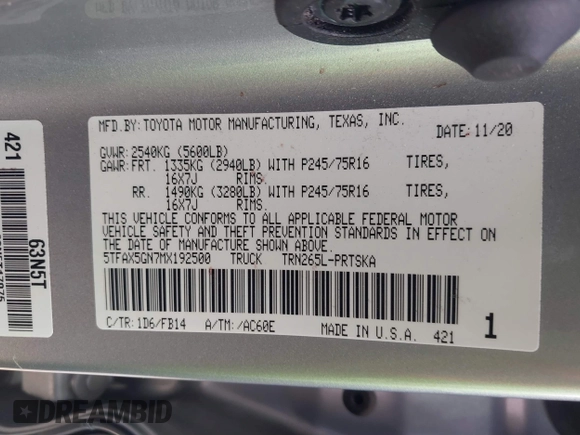 2021 Toyota Tacoma SR with VIN 5TFAX5GN7MX192500, listed as a IAAI auction lot 41674939 with 33,608 mi miles and . Bid and sale history available at DreamBid. Image 9.