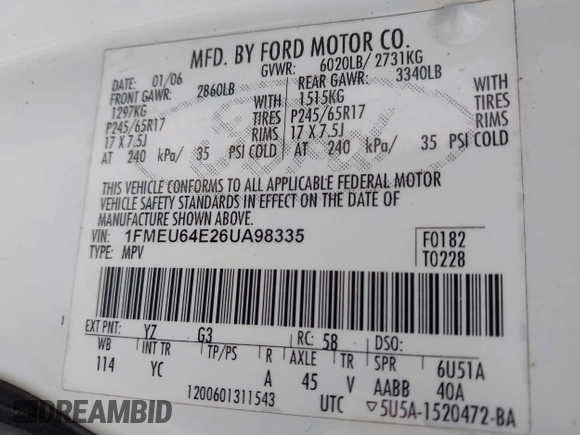 2006 Ford Explorer Eddie Bauer with VIN 1FMEU64E26UA98335, listed as a IAAI auction lot 42655017 with 220,365 mi miles and . Bid and sale history available at DreamBid. Image 9.