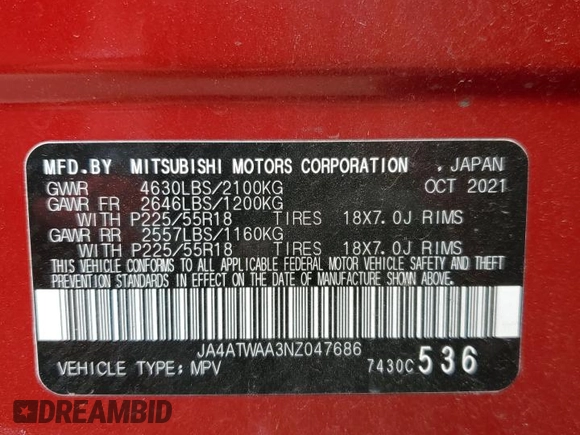 2022 Mitsubishi Eclipse Cross SE with VIN JA4ATWAA3NZ047686, listed as a Copart auction lot 54837755 with 32,922 mi miles and Salvage title. Bid and sale history available at DreamBid. Image 13.