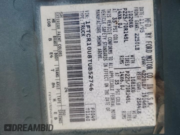 1996 Ford Ranger XL z VIN 1FTCR10U8TUB52746, wystawiony jako Copart lot #52148355 z przebiegiem 139 890 mil mil oraz Szkoda całkowita • Salvage title. Historia ofert i sprzedaży dostępna na DreamBid. Obrazek 12.