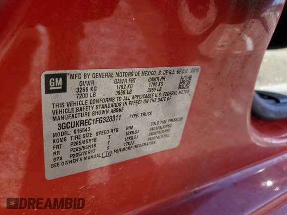 2015 Chevrolet Silverado 1500 LT with VIN 3GCUKREC1FG328311, listed as a Copart auction lot 51210645 with 223,244 mi miles and Salvage Title. Bid and sale history available at DreamBid. Image 15.