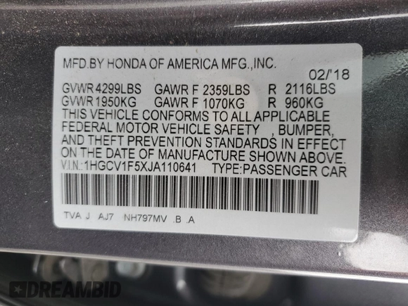2018 Honda Accord EX-L z VIN 1HGCV1F5XJA110641, wystawiony jako Copart lot #55830625 z przebiegiem 75 198 mil mil oraz Szkoda całkowita • Salvage title. Historia ofert i sprzedaży dostępna na DreamBid. Obrazek 13.