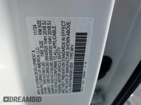 2025 Honda Passport EX-L z VIN 5FNYF8H59SB012829, wystawiony jako Copart lot #49347645 z przebiegiem 1480 mil mil oraz Szkoda całkowita • Salvage title. Historia ofert i sprzedaży dostępna na DreamBid. Obrazek 14.