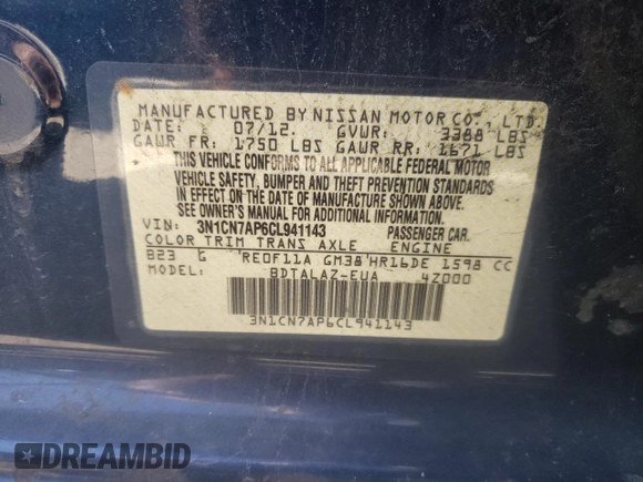 2012 Nissan Versa S with VIN 3N1CN7AP6CL941143, listed as a Copart auction lot 43825935 with 120,919 mi miles and Salvage Title. Bid and sale history available at carsss.com. Image 14.