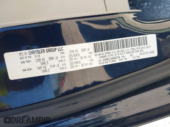 2010 Chrysler Town & Country Touring with VIN 2A4RR5D10AR282784, listed as a IAAI auction lot 42231696 with 173,049 mi miles and . Bid and sale history available at DreamBid. Image 9.