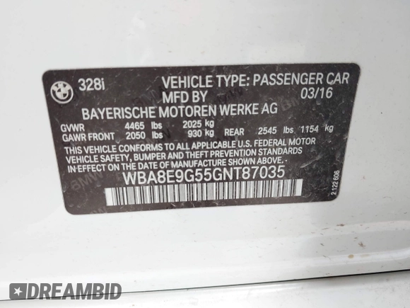 2016 BMW 3 Series 328i with VIN WBA8E9G55GNT87035, listed as a IAAI auction lot 42196329 with 76,227 mi miles and . Bid and sale history available at DreamBid. Image 9.