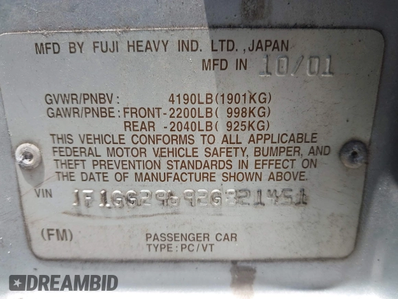 2002 Subaru Impreza WRX Special Sports с VIN JF1GG29692G821451, выставлен на аукционе IAAI как лот 42215682 с пробегом 165 050 миль миль и . История ставок и продаж доступна на DreamBid. Изображение 9.