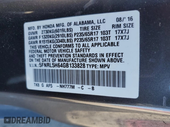 2016 Honda Odyssey EX-L with VIN 5FNRL5H64GB133828, listed as a Copart auction lot 53992655 with 68,905 mi miles and Salvage Title. Bid and sale history available at DreamBid. Image 13.