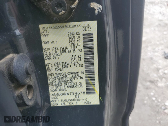 2013 Nissan Frontier SV with VIN 1N6AD0CW6DN754678, listed as a Copart auction lot 59661065 with 77,622 mi miles and Salvage title. Bid and sale history available at DreamBid. Image 12.