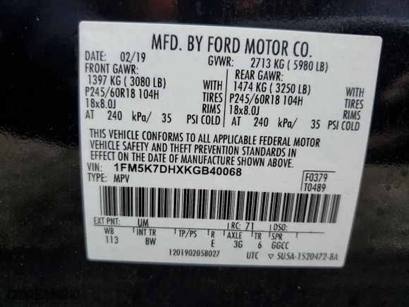 2019 Ford Explorer XLT with VIN 1FM5K7DHXKGB40068, listed as a Copart auction lot 50788215 with 100,566 mi miles and Salvage Title. Bid and sale history available at carsss.com. Image 14.
