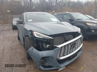 2023 Infiniti QX55 Essential with VIN 3PCAJ5KR9PF106940, listed as a IAAI auction lot 41665977 with 6,839 mi miles and . Bid and sale history available at DreamBid. Image 1.