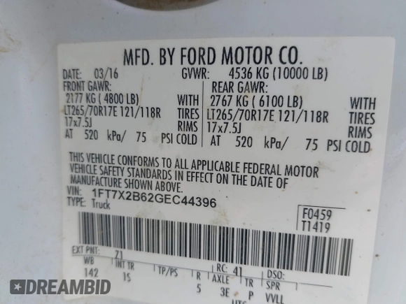 2016 Ford Super Duty F-250 SRW XLT with VIN 1FT7X2B62GEC44396, listed as a IAAI auction lot 40302095 with 154,762 mi miles. Bid and sale history available at carsss.com. Image 9.