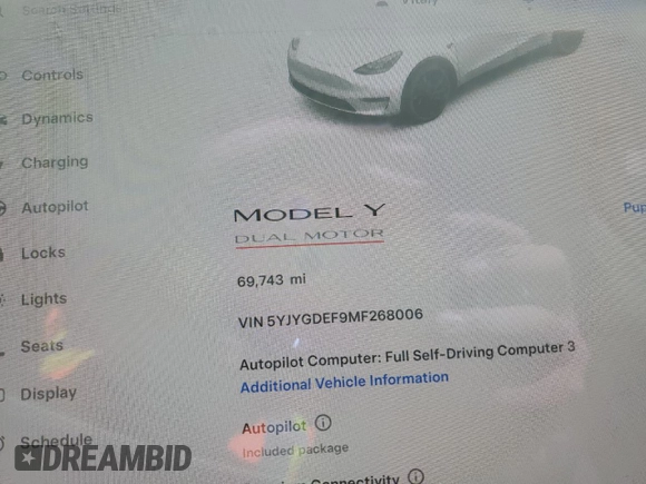 2021 Tesla Model Y Performance with VIN 5YJYGDEF9MF268006, listed as a Copart auction lot 49082695 with 69,743 mi miles and Salvage Title. Bid and sale history available at DreamBid. Image 9.