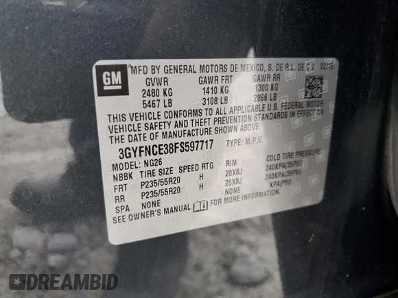 2015 Cadillac SRX Performance Collection with VIN 3GYFNCE38FS597717, listed as a Copart auction lot 57629615 with 102,689 mi miles and Salvage title. Bid and sale history available at DreamBid. Image 13.