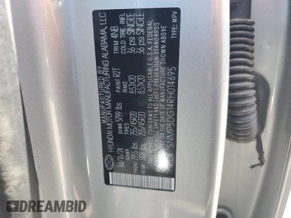 2024 Hyundai Santa Fe Calligraphy with VIN 5NMP5DG14RH014695, listed as a Copart auction lot 54276685 with Not provided miles and Salvage title. Bid and sale history available at DreamBid. Image 13.